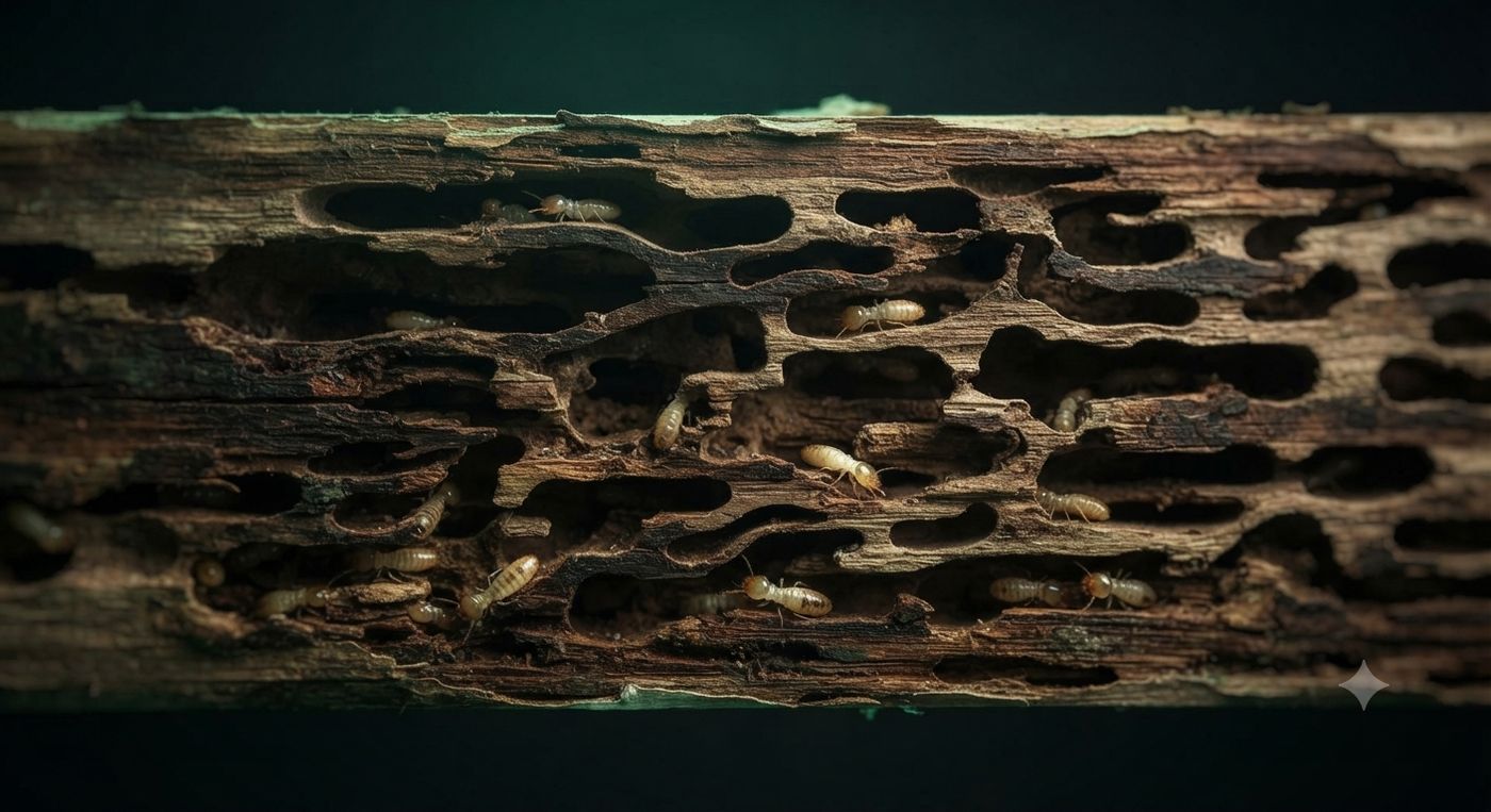 Inside termite-damaged wood showing galleries eaten through the grain