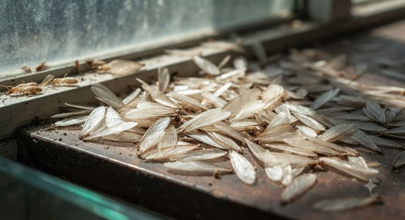 Discarded termite wings near a window sill